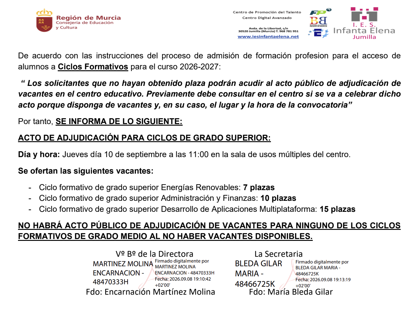 Actos Adjudicación FP 2026